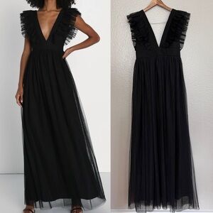 NWOT Simply Delighted Black Mesh Ruffled Backless Maxi Dress